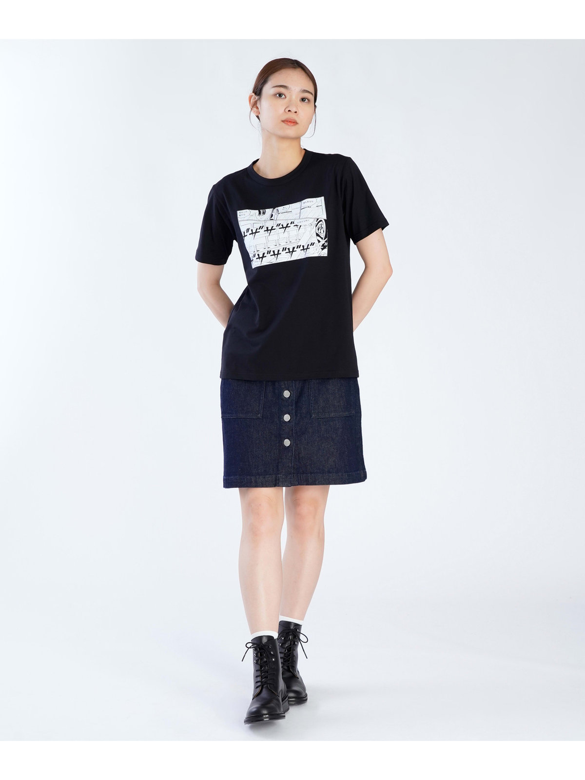 FEMME ウィメンズ プリント コットン 半袖 アーティスト Tシャツ ブラック