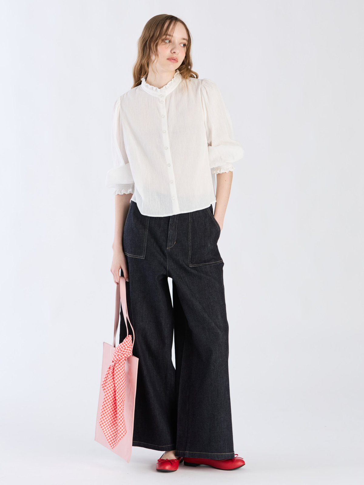 To b. by agnès b. 【Outlet】コットンクレープフリルブラウス ホワイト