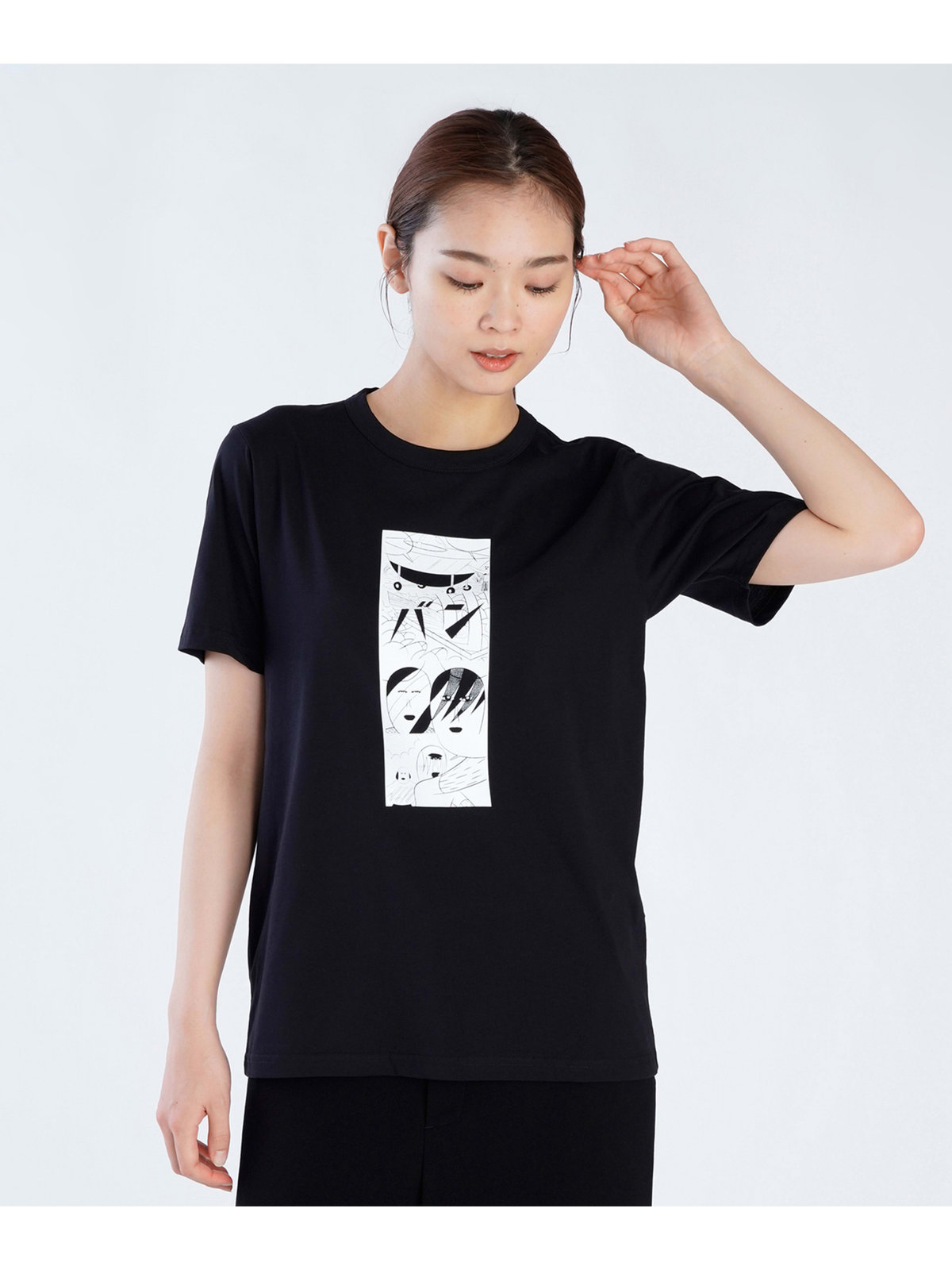 FEMME ウィメンズ プリント コットン 半袖 アーティスト Tシャツ ブラック