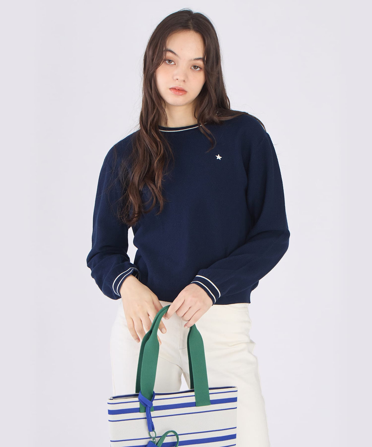 To b. by agnès b. スター 刺繍 ライン コットン 長袖 ニット プルオーバー ネイビー