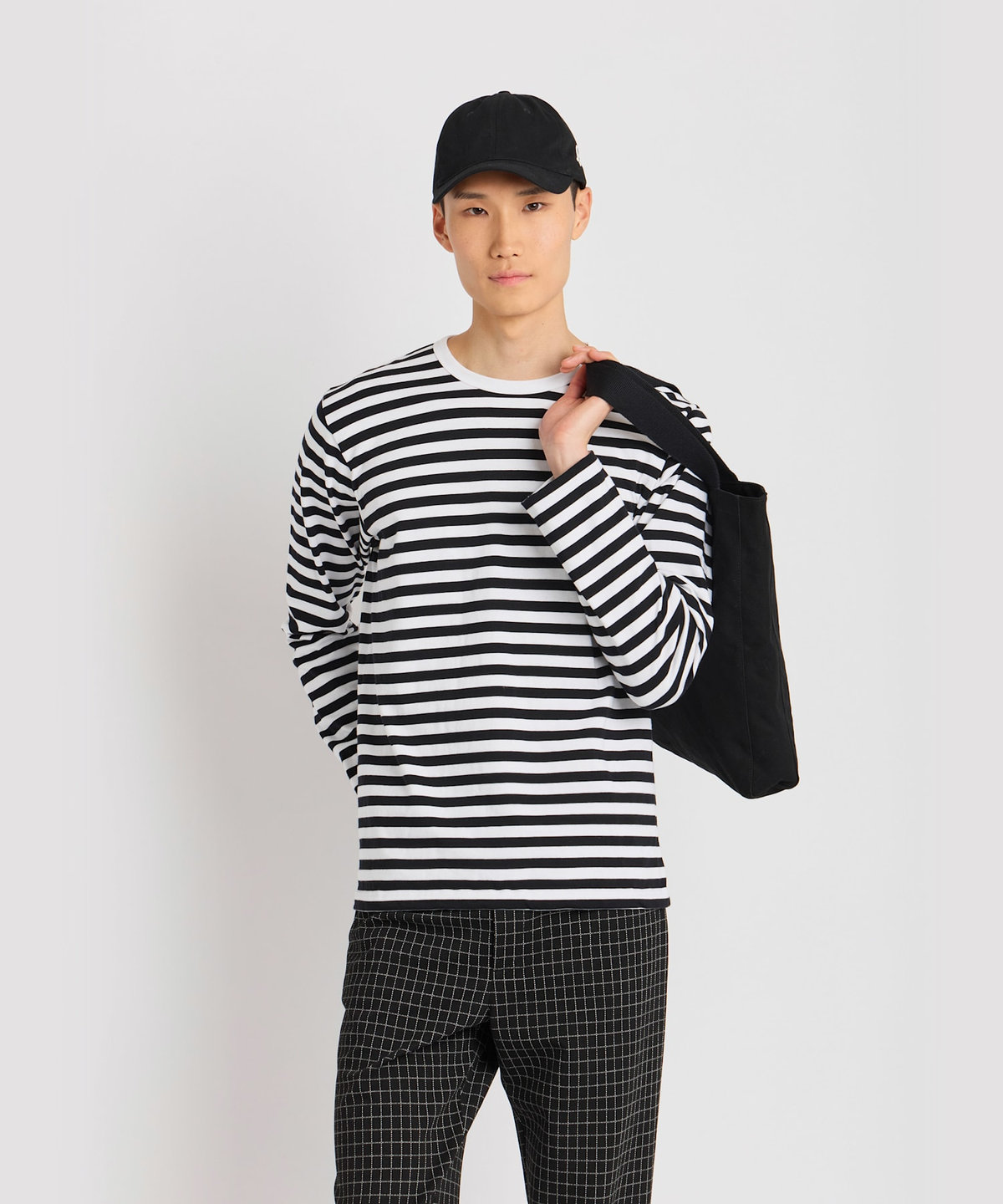 HOMME メンズ メンズ 細ボーダー コットン 長袖 Tシャツ "Coulos" ホワイト×ブラック