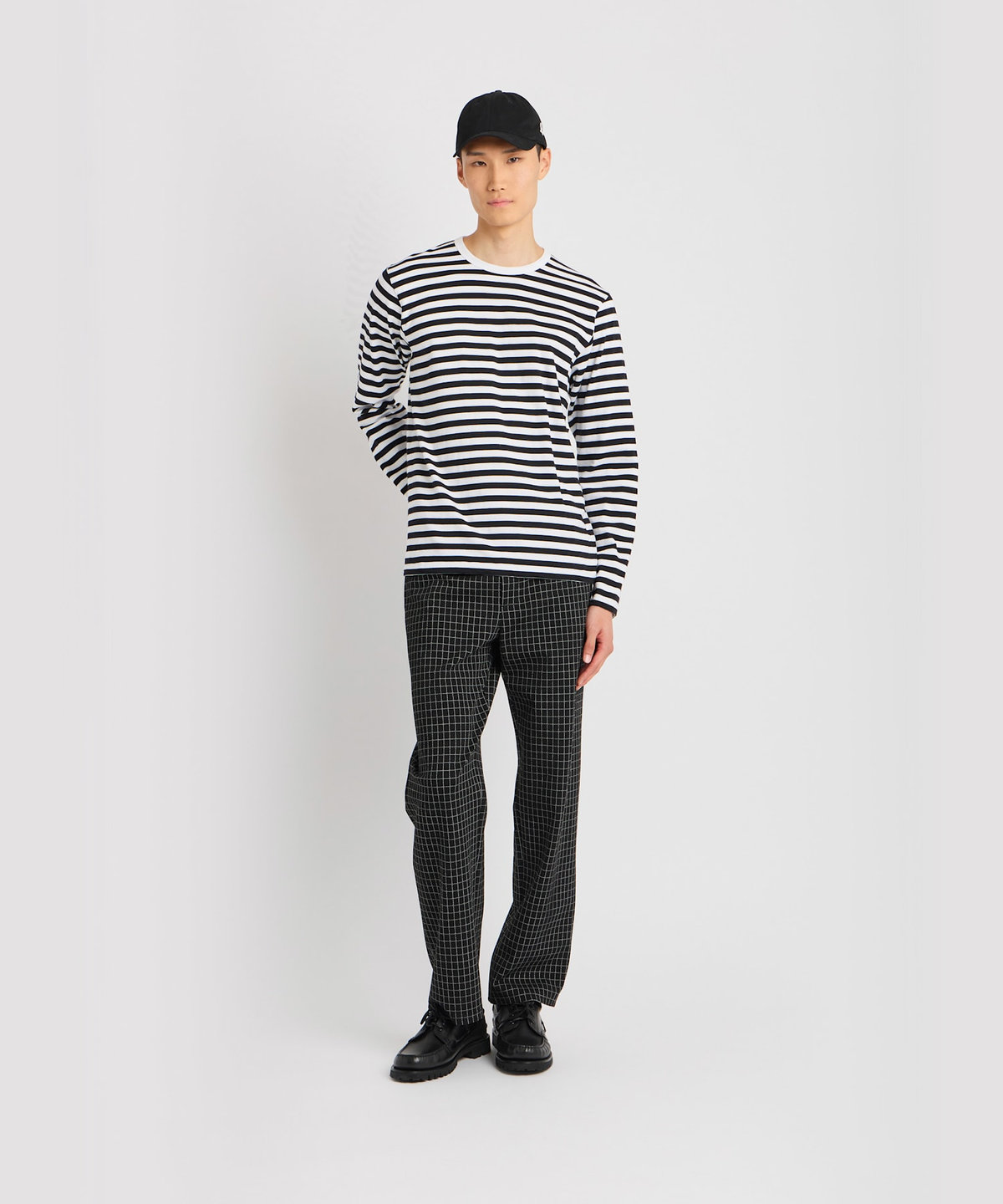 HOMME メンズ メンズ 細ボーダー コットン 長袖 Tシャツ "Coulos" ホワイト×ブラック