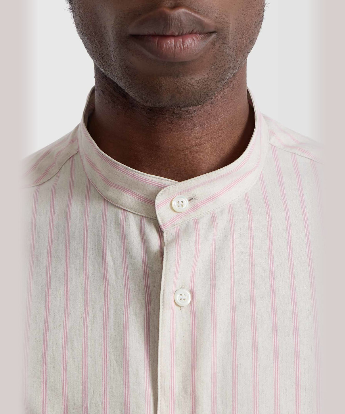 HOMME メンズ メンズ ストライプ リネン 長袖 スタンドカラー シャツ "Ouran" ピンク