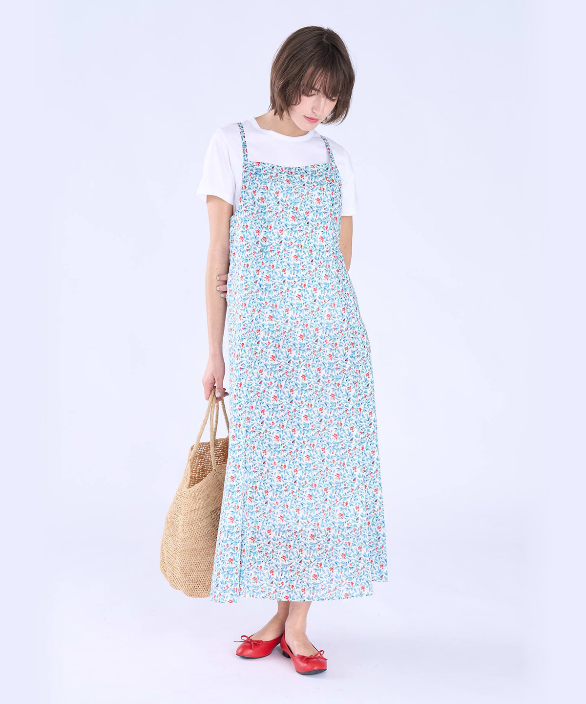 To b. by agnès b. ボタニカル プリント コットン ノースリーブ ロング ワンピース レッド