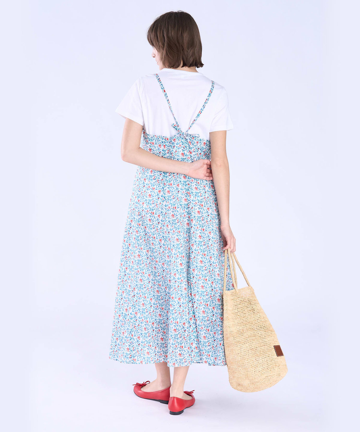 To b. by agnès b. ボタニカル プリント コットン ノースリーブ ロング ワンピース レッド