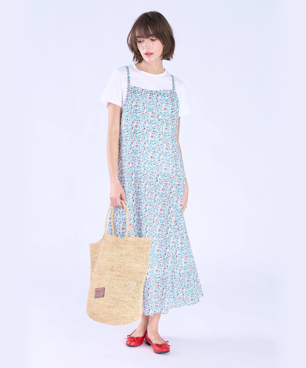 To b. by agnès b. ボタニカル プリント コットン ノースリーブ ロング ワンピース レッド