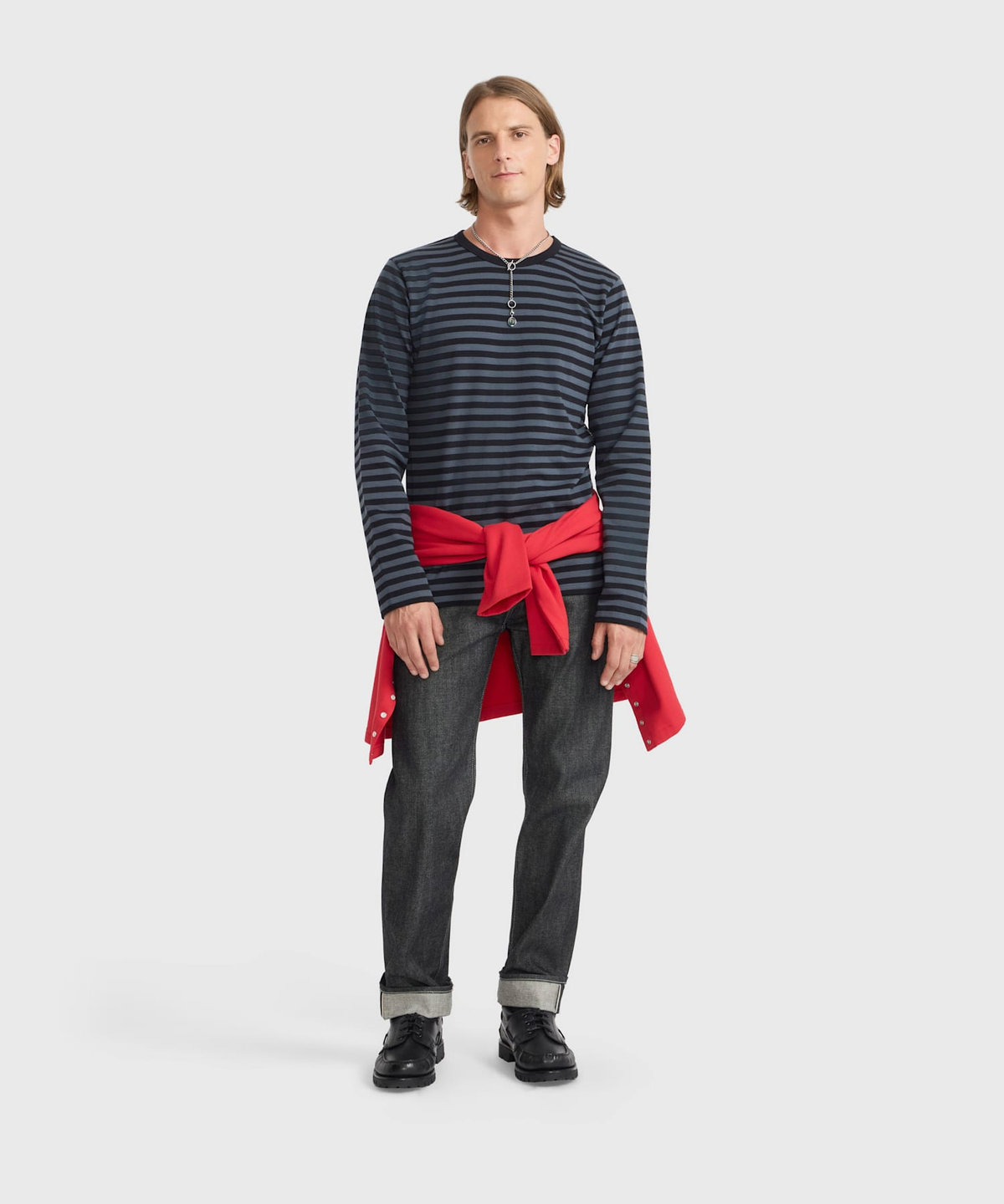 HOMME メンズ メンズ 細ボーダー コットン 長袖 Tシャツ "Coulos" グレー系その他
