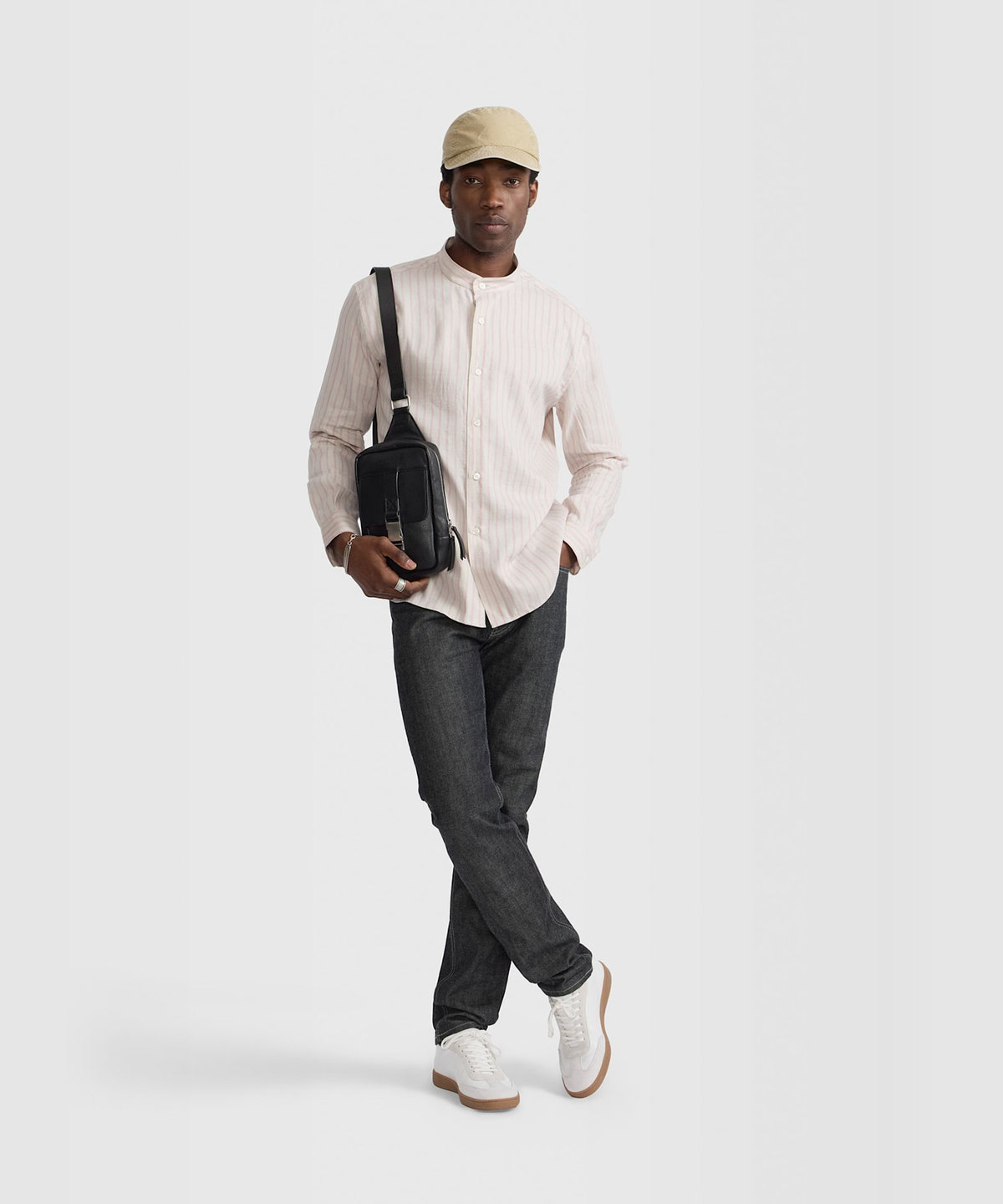 HOMME メンズ メンズ ストライプ リネン 長袖 スタンドカラー シャツ "Ouran" ピンク