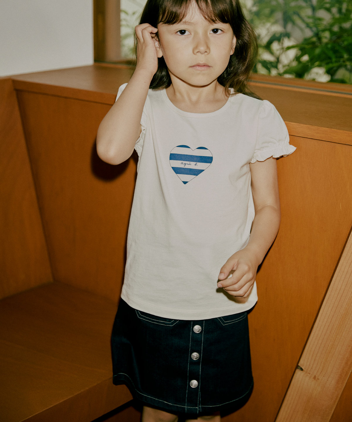 ENFANT ガールズ キッズ ロゴ ボーダー プリント コットン 半袖 Tシャツ "Heart" ホワイト