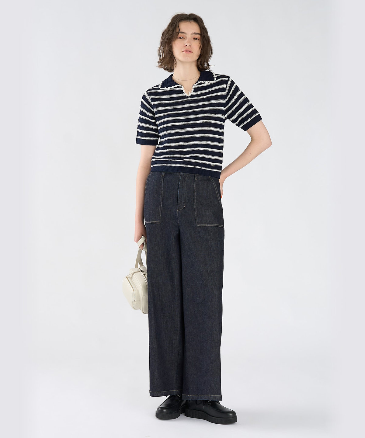 To b. by agnès b. カラーボーダー コットン 半袖 ニットポロ ネイビー