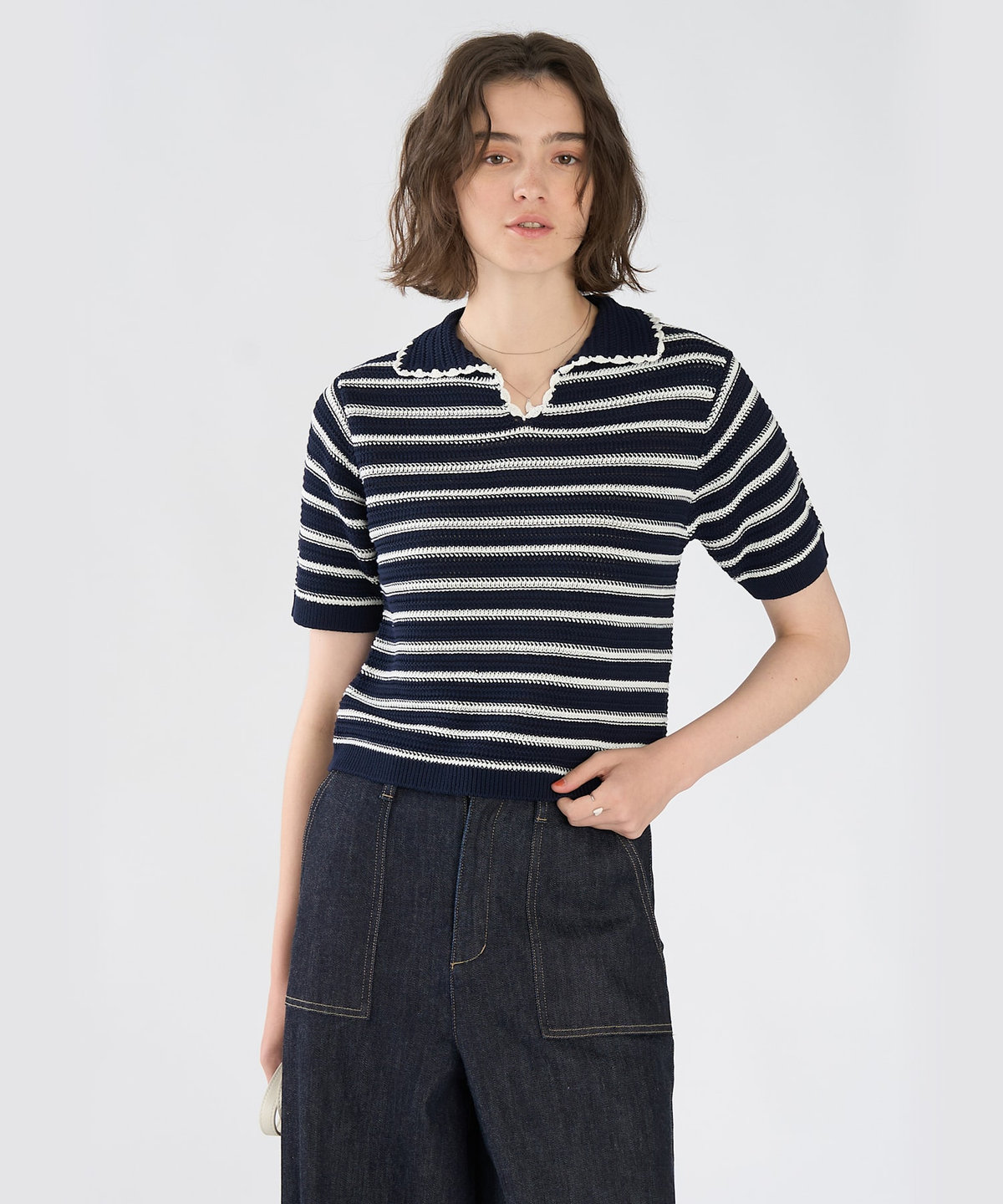 To b. by agnès b. カラーボーダー コットン 半袖 ニットポロ ネイビー