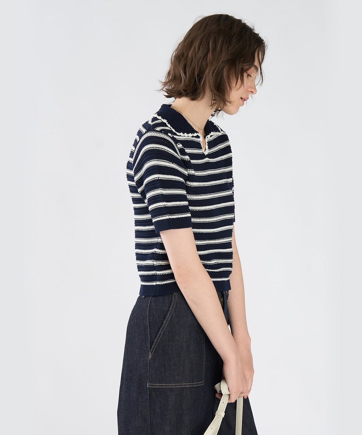 To b. by agnès b. カラーボーダー コットン 半袖 ニットポロ ネイビー
