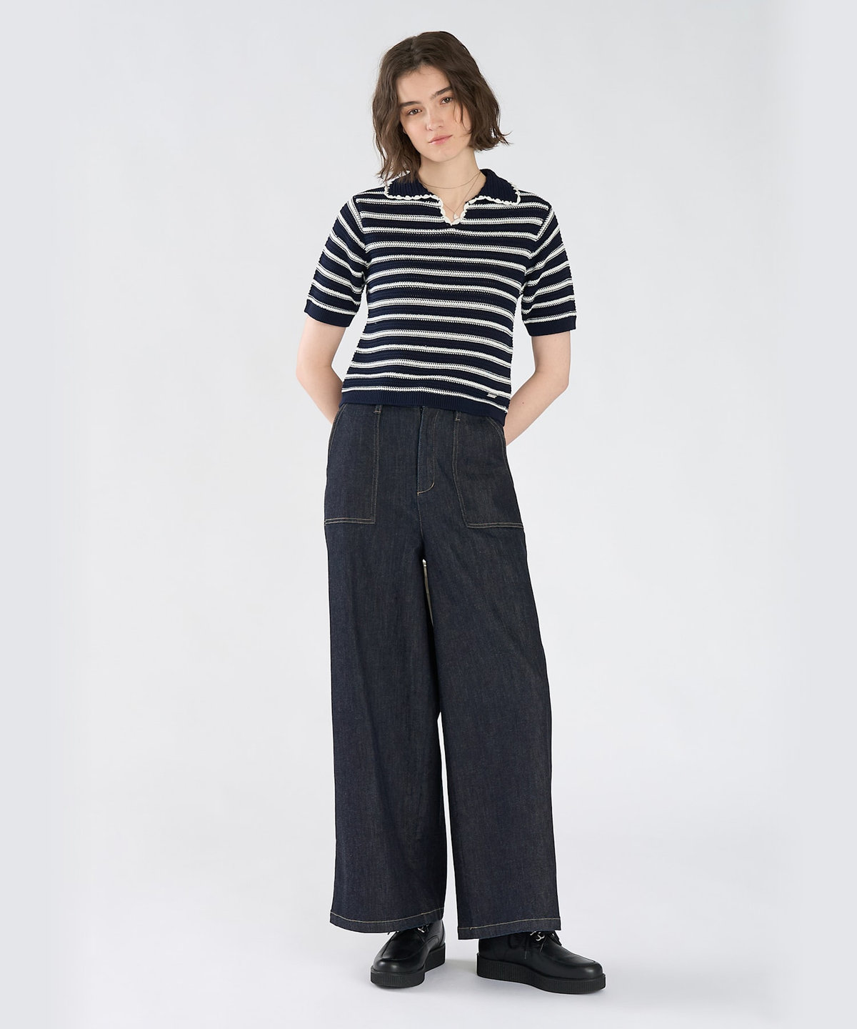 To b. by agnès b. カラーボーダー コットン 半袖 ニットポロ ネイビー