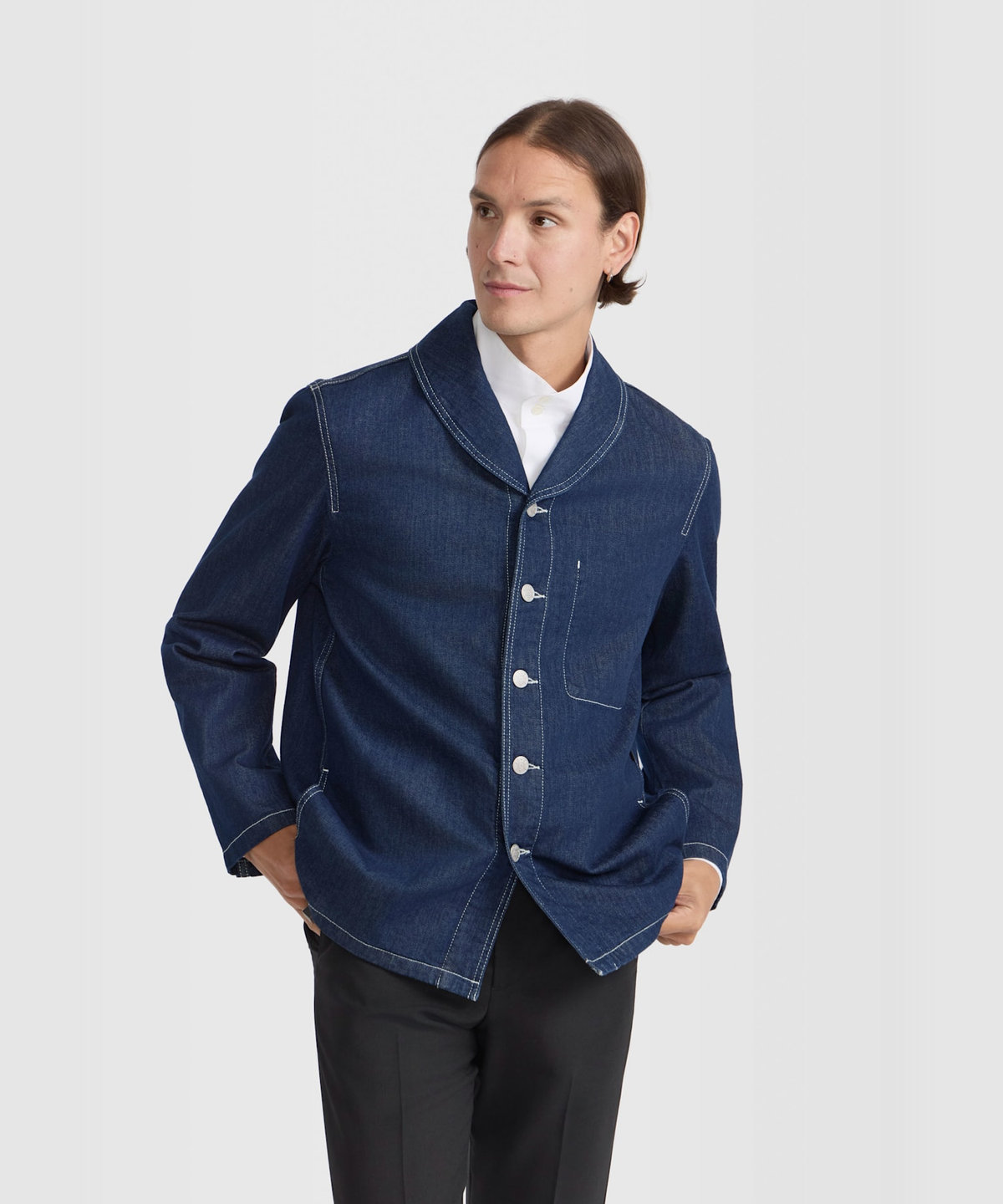 HOMME メンズ メンズ デニム ショールカラー 長袖 ジャケット "Loritz" ネイビー