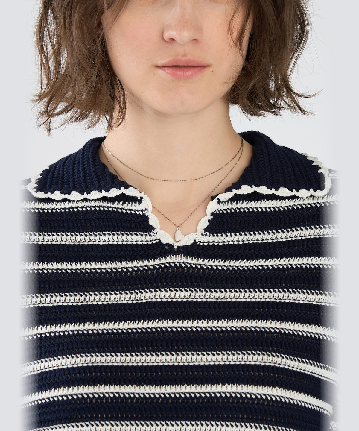 To b. by agnès b. カラーボーダー コットン 半袖 ニットポロ ネイビー