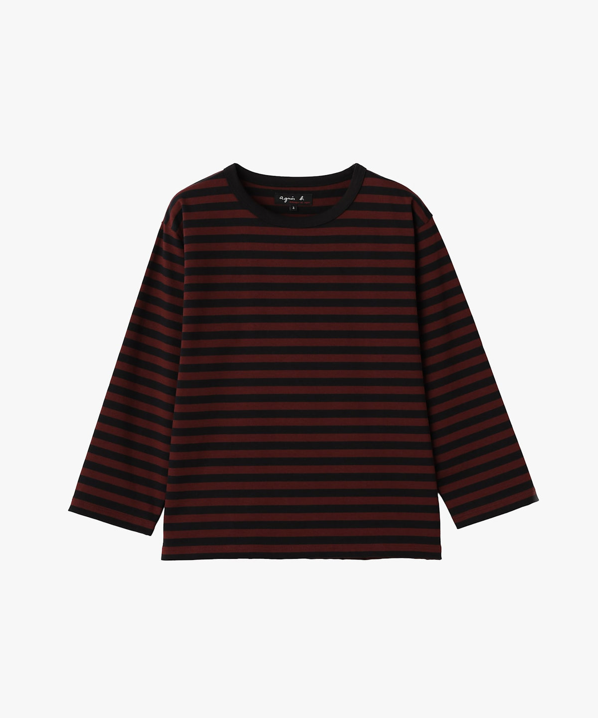 FEMME ウィメンズ 細ボーダー コットン 七分袖 Tシャツ "Lil Cool" ブラック×ボルドー