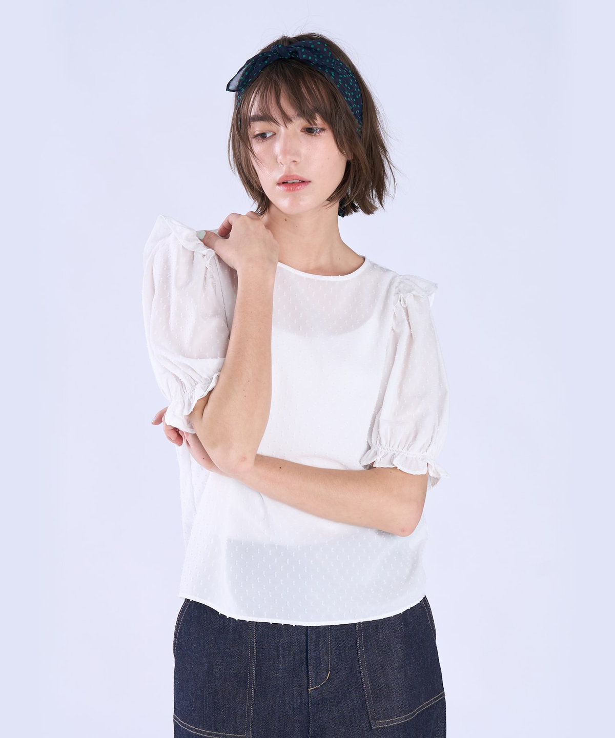 To b. by agnès b. カット ドビー フリル ブラウス ホワイト