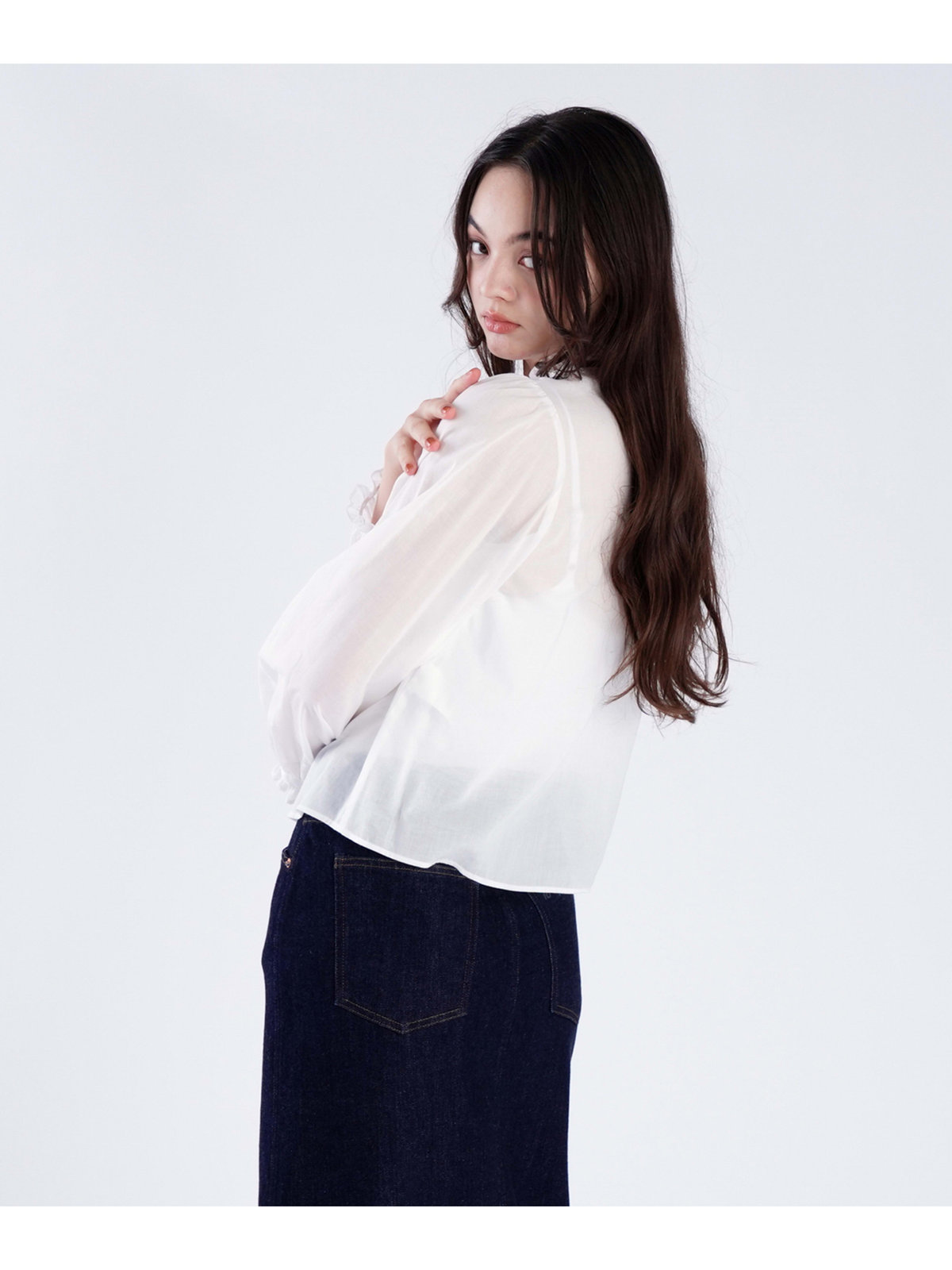 To b. by agnès b. コットン ロングスリーブ リボン ブラウス ホワイト