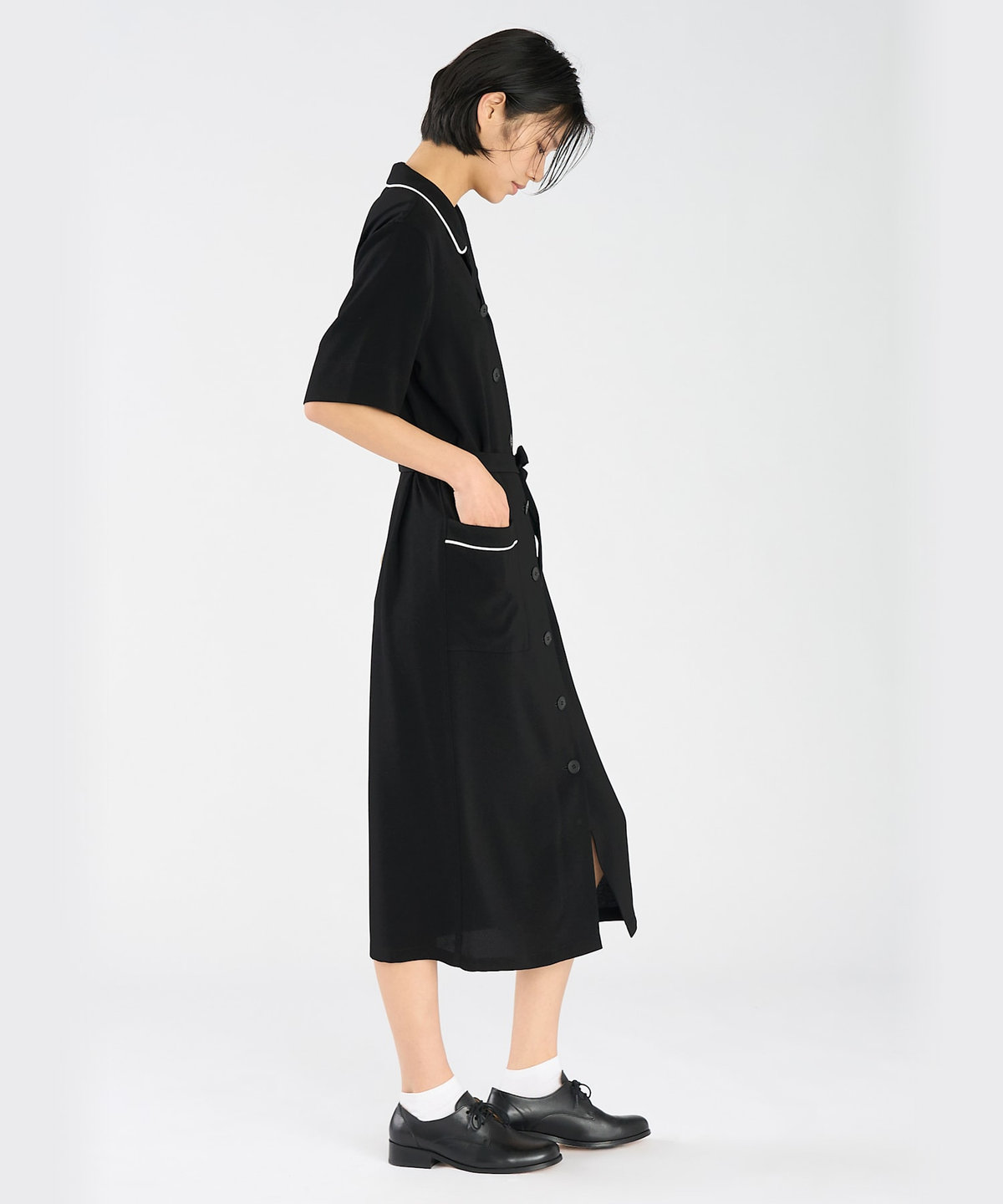 FEMME ウィメンズ ブラック トリアセテート クレープ 半袖 ワンピース "New Barbe" ブラック