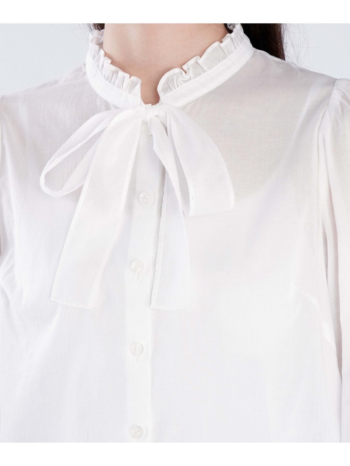 To b. by agnès b. コットン ロングスリーブ リボン ブラウス ホワイト
