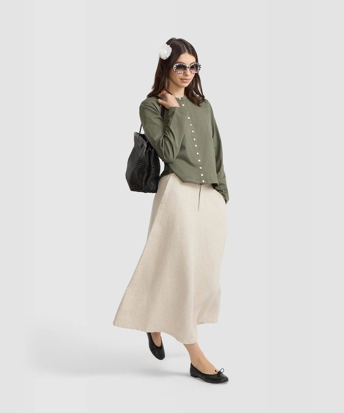 FEMME ウィメンズ オーガニックコットン 長袖 カーディガンプレッション "Le Classique" カーキ