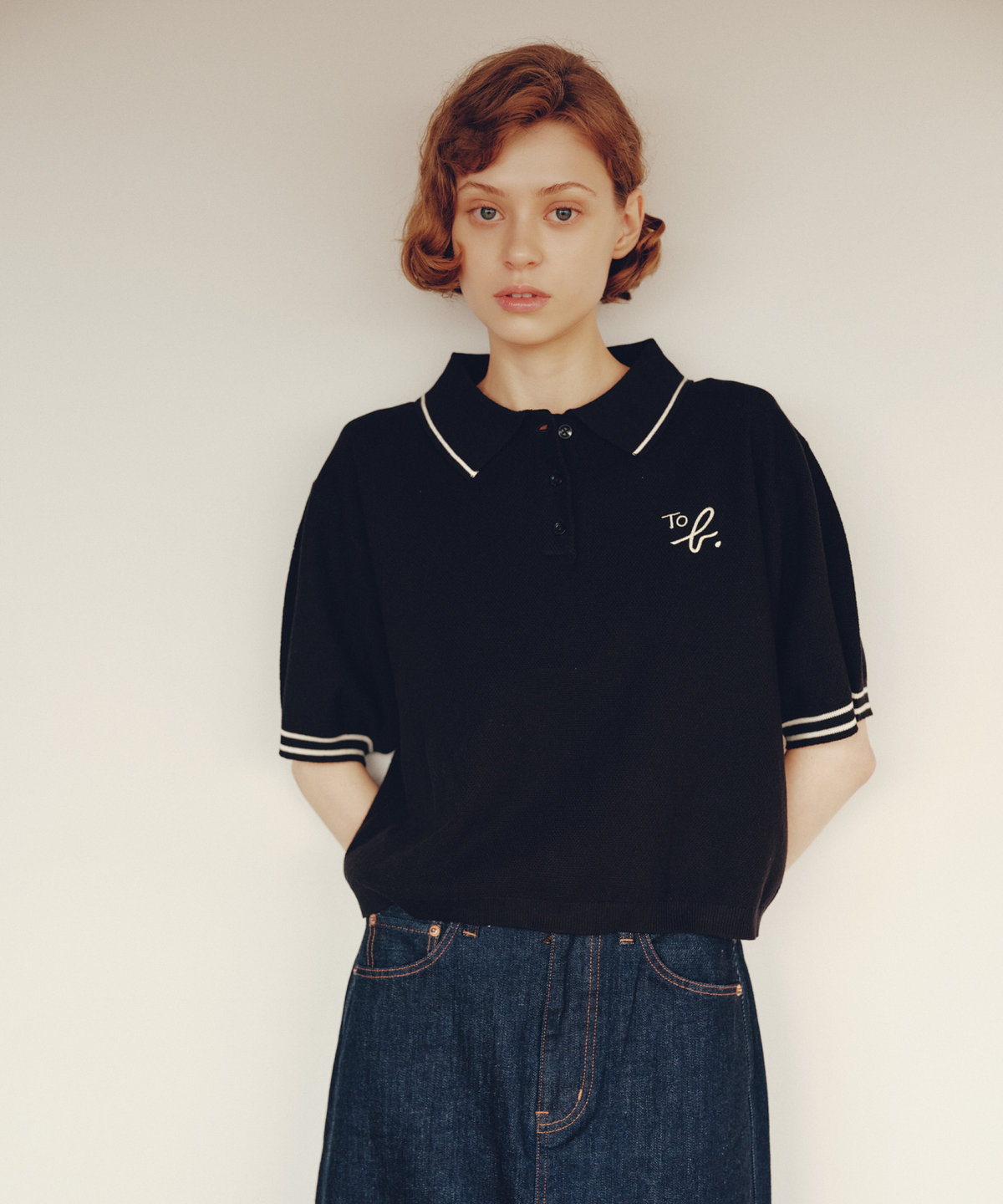 To b. by agnès b. To b. by agnes b.× green label relaxing ロゴ刺繍 コットン ニットポロ ブラック