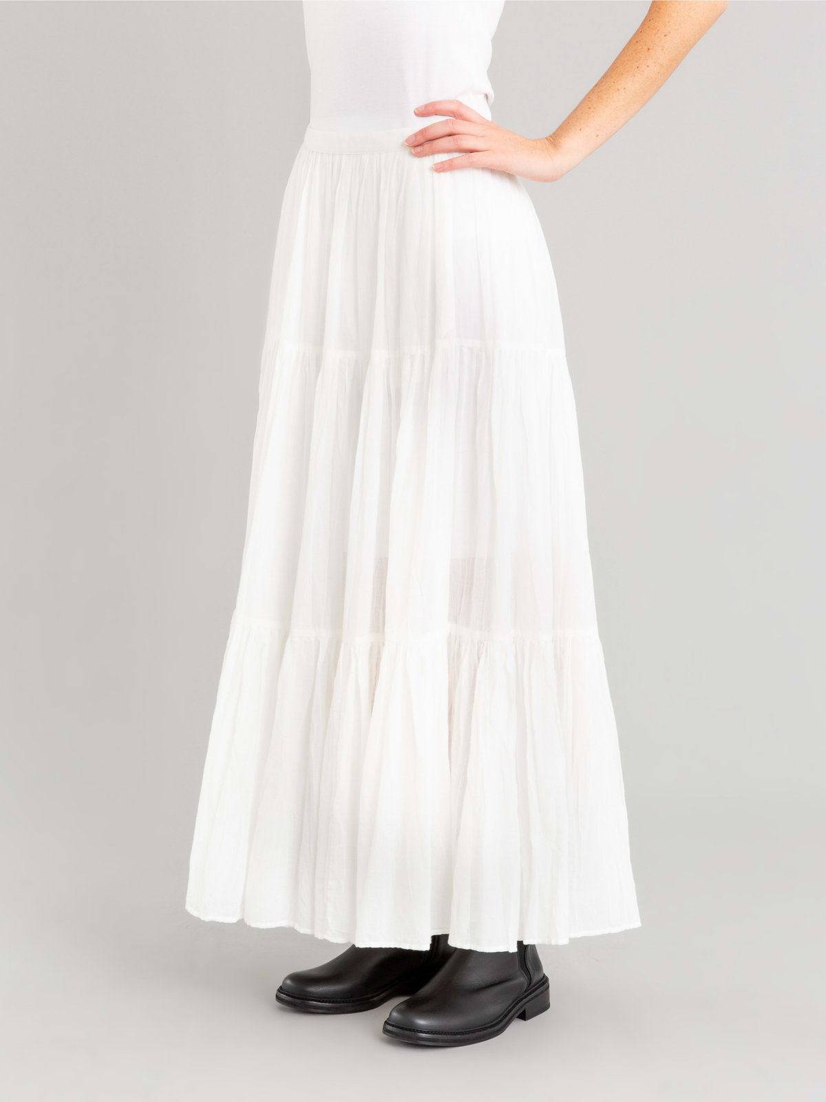 FEMME ウィメンズ コットンガーゼ調 ロング ティアードスカート "Tango" ホワイト