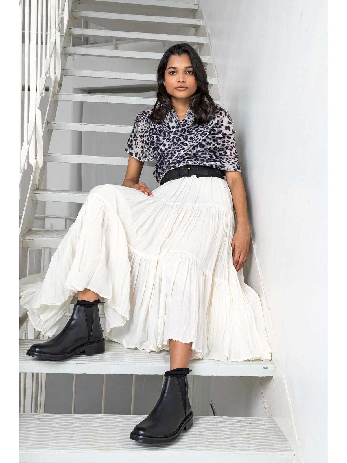 FEMME ウィメンズ コットンガーゼ調 ロング ティアードスカート "Tango" ホワイト