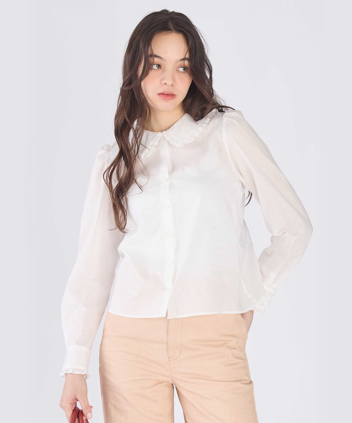To b. by agnès b. コットン フリルカラー 長袖 ブラウス ホワイト