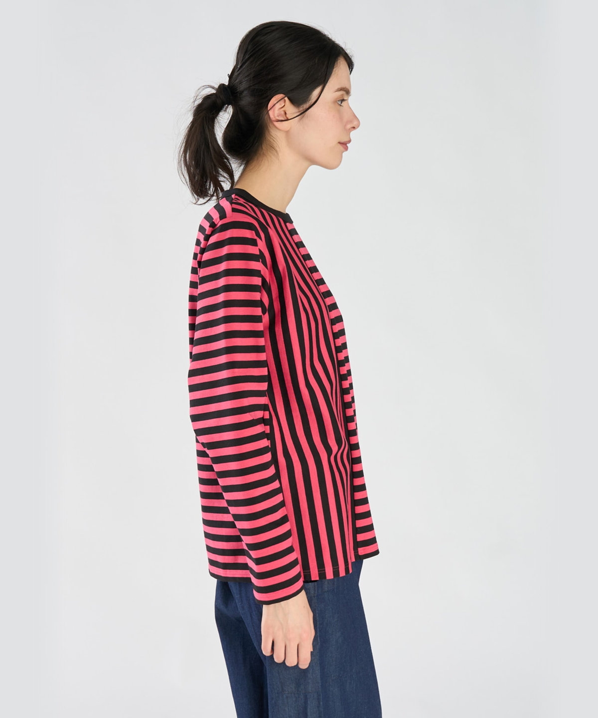 FEMME ウィメンズ 【by R 限定品】agnes b. 細ボーダーxストライプ コットン 長袖 Tシャツ "Haru" フューシャピンク×ブラック