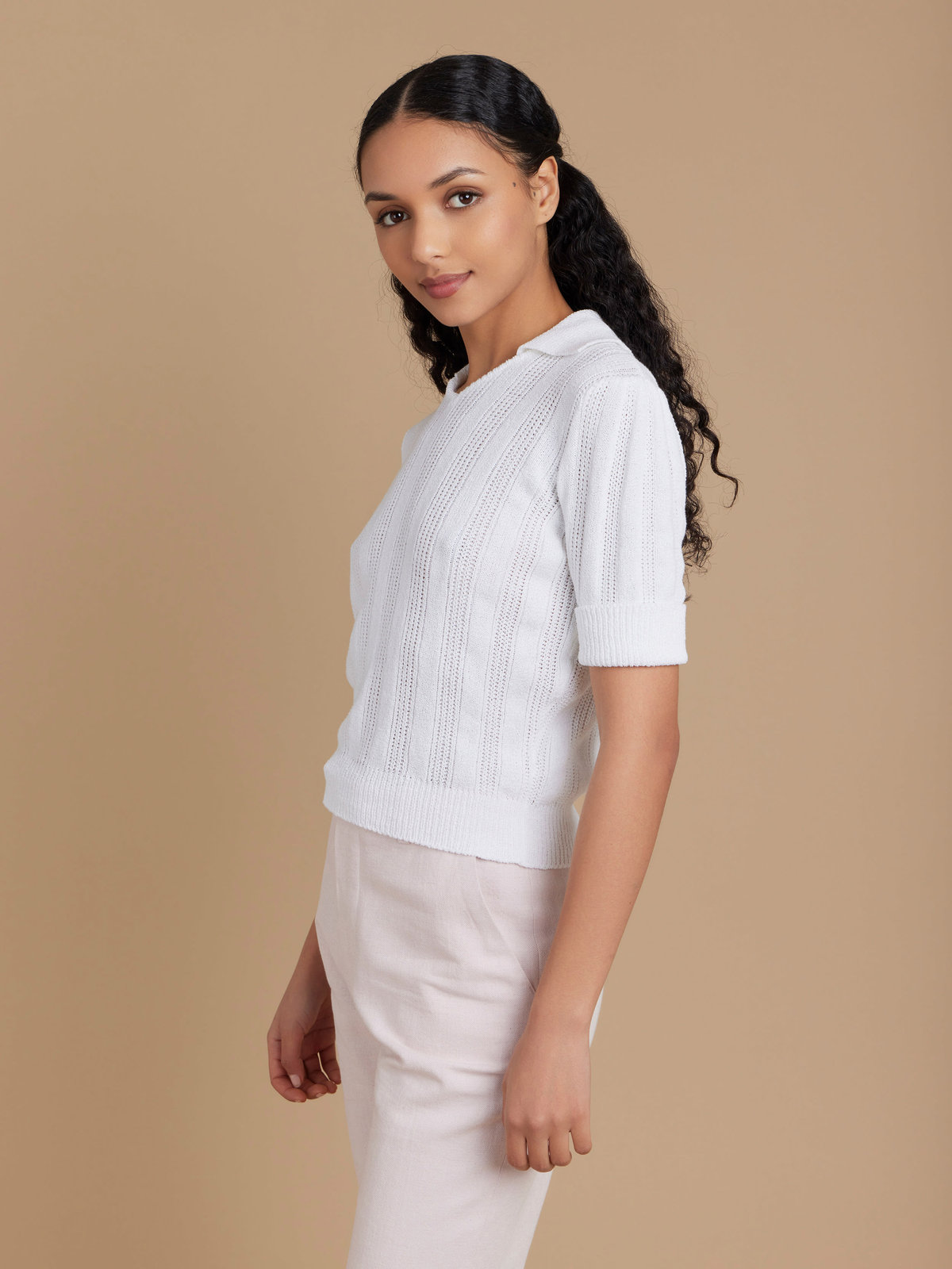 FEMME ウィメンズ 【Outlet】LY71 PULLOVER 半袖　スキッパーニットポロ ホワイト