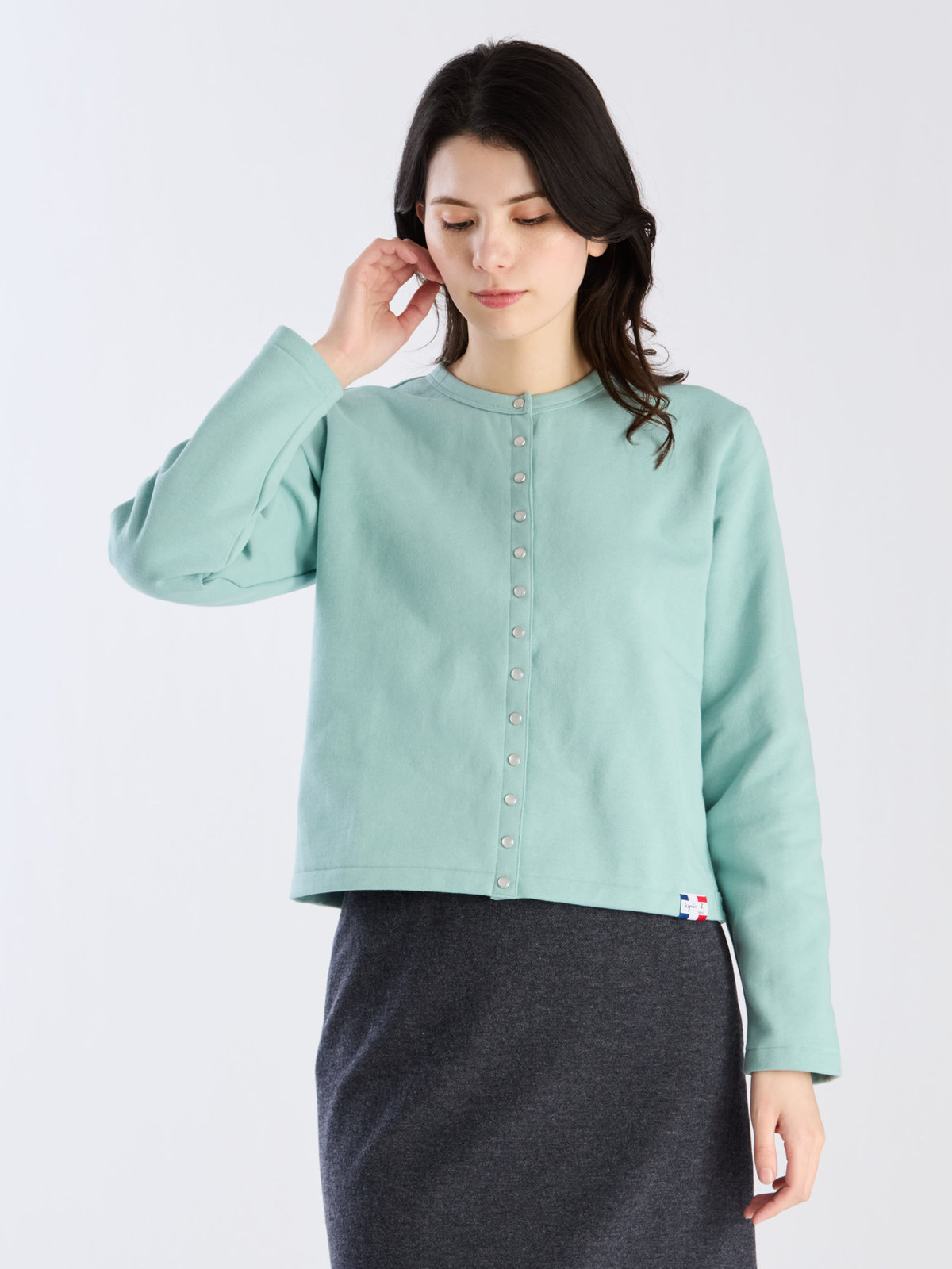 FEMME ウィメンズ オーガニックコットン メルトン 長袖 カーディガンプレッション ”Le Classique” ライトグリーン