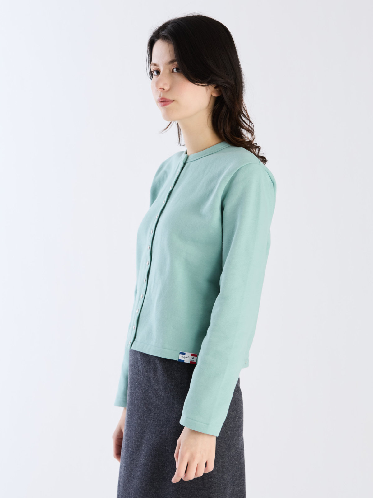 FEMME ウィメンズ オーガニックコットン メルトン 長袖 カーディガンプレッション ”Le Classique” ライトグリーン