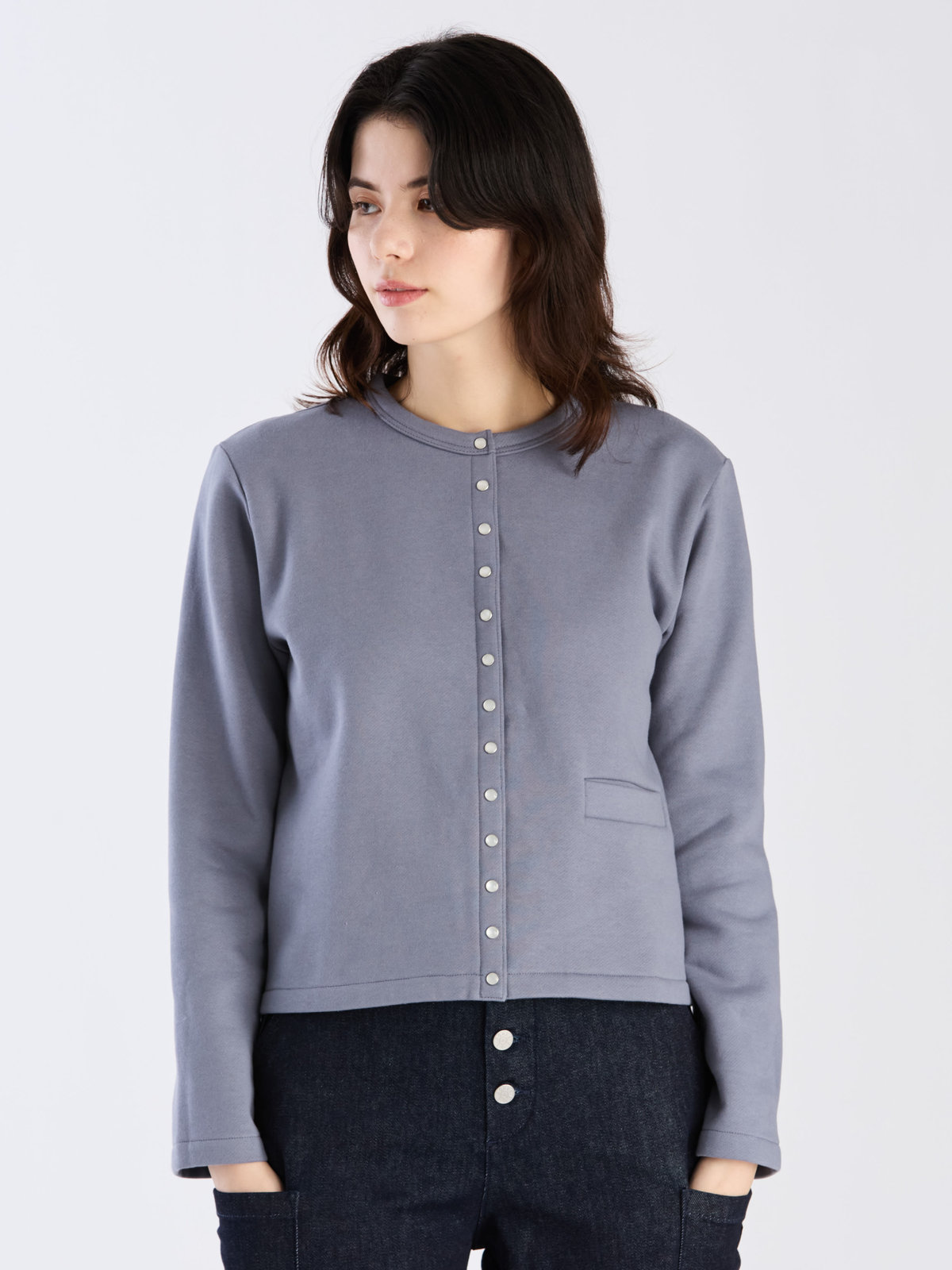 FEMME ウィメンズ オーガニックコットン メルトン 長袖 カーディガンプレッション ”Phone” グレー