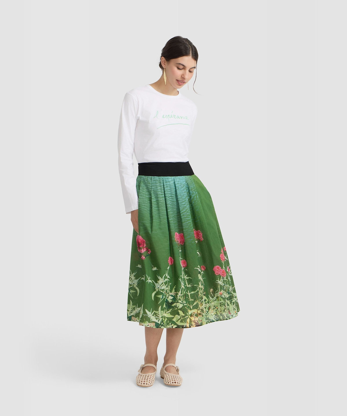 FEMME ウィメンズ フォトプリント コットン ロング フレア スカート "Valerianes flowers" マルチ