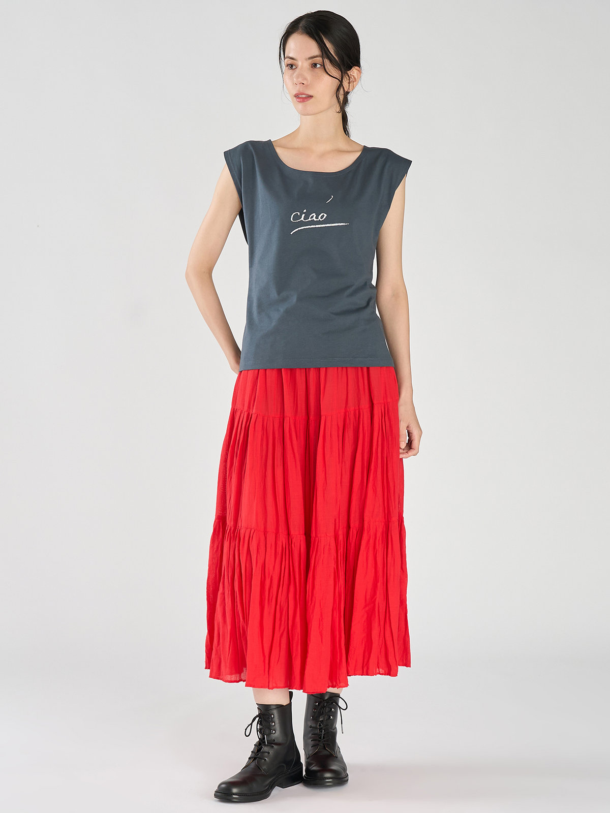 FEMME ウィメンズ メッセージプリント コットン 半袖 Tシャツ "Ciao" グレー
