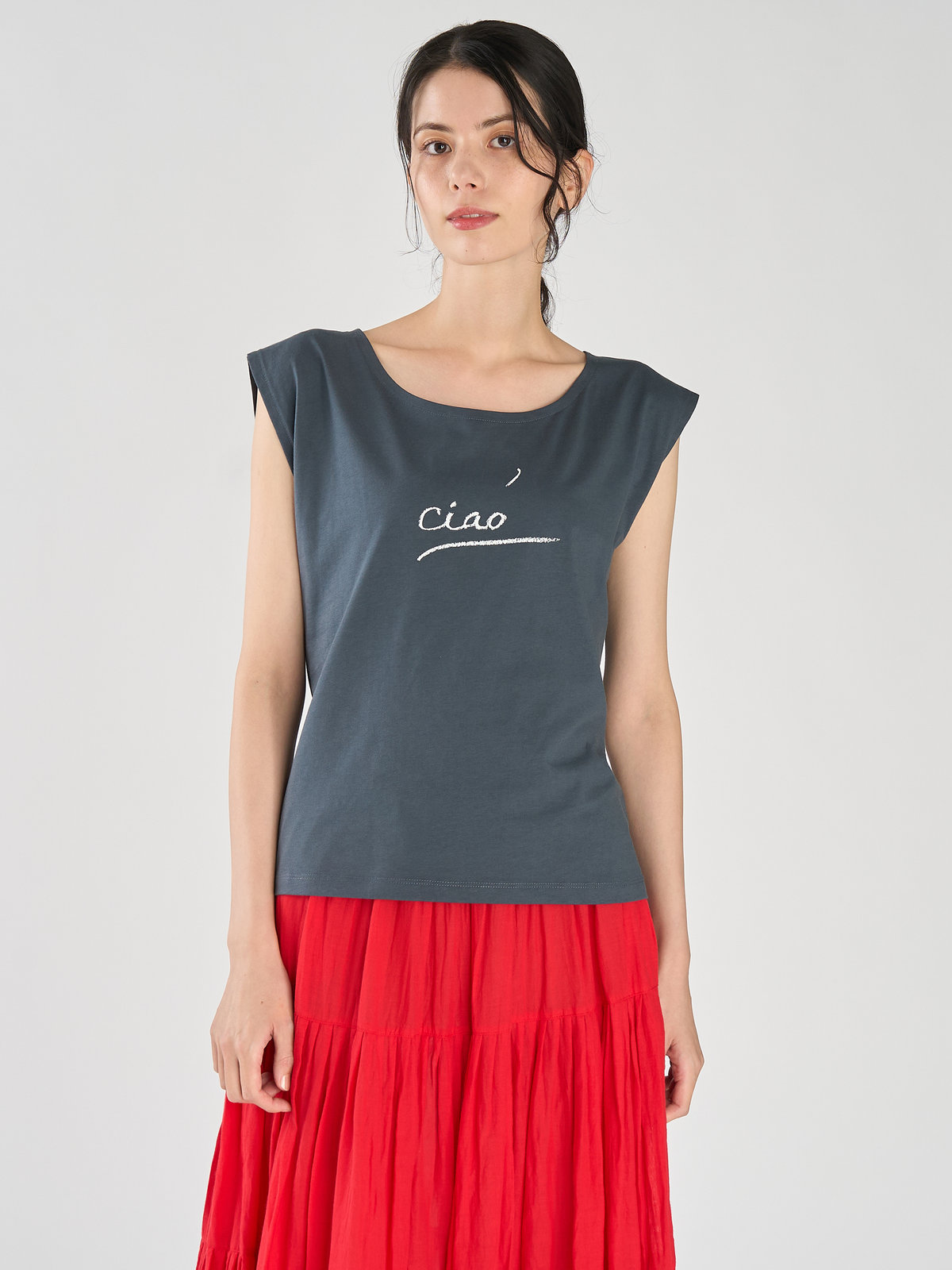 FEMME ウィメンズ メッセージプリント コットン 半袖 Tシャツ "Ciao" グレー