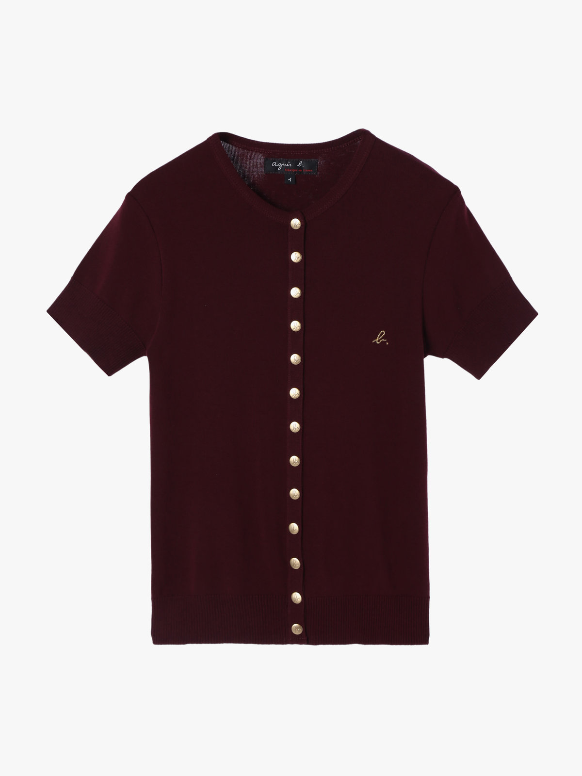FEMME ウィメンズ "b."ロゴ刺繍 コットンニット 半袖 カーディガンプレッション "Swing" ボルドー