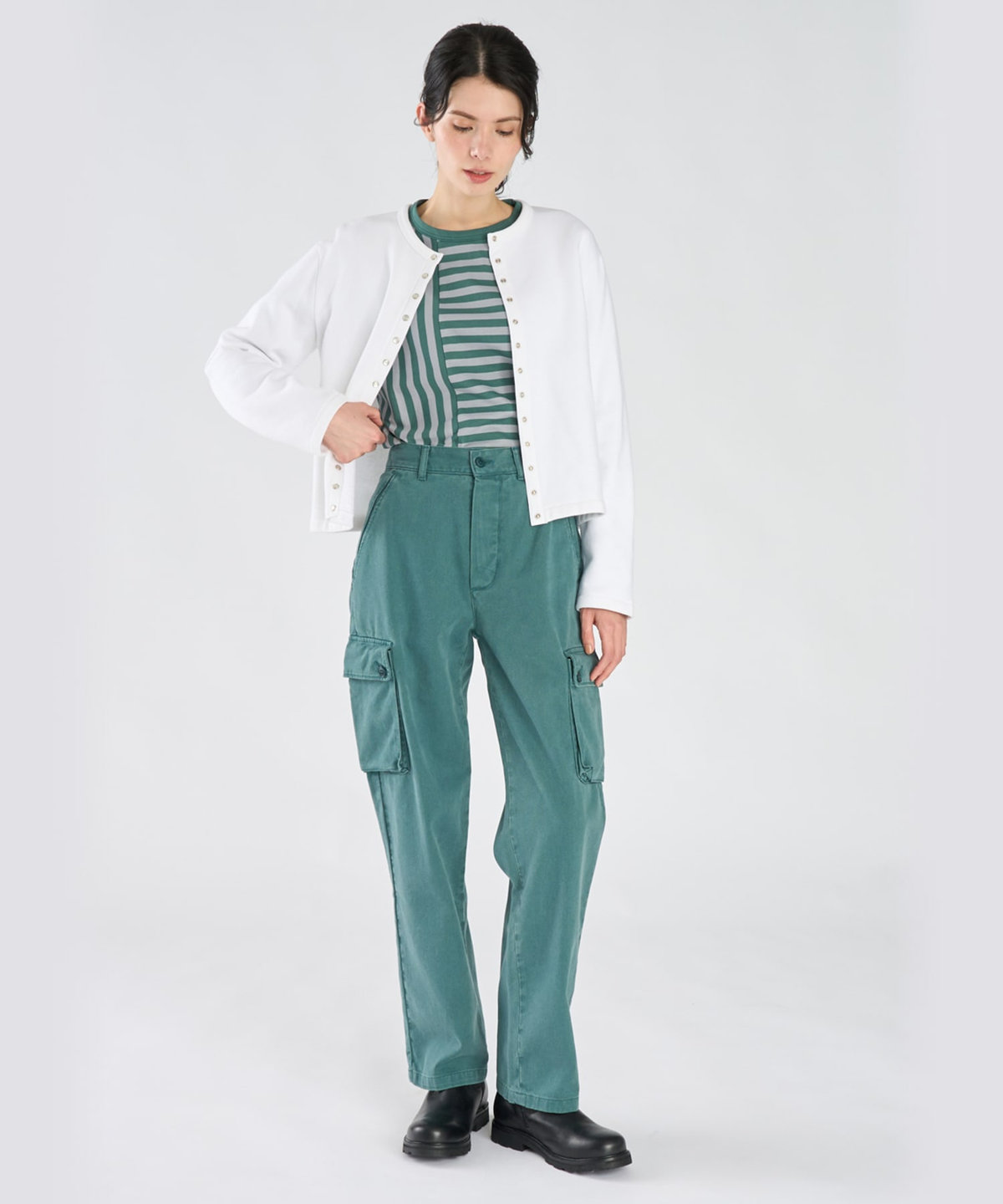 FEMME ウィメンズ 【by R 限定品】agnes b. 細ボーダーxストライプ コットン 長袖 Tシャツ "Haru" グリーン×スモーキーブルー