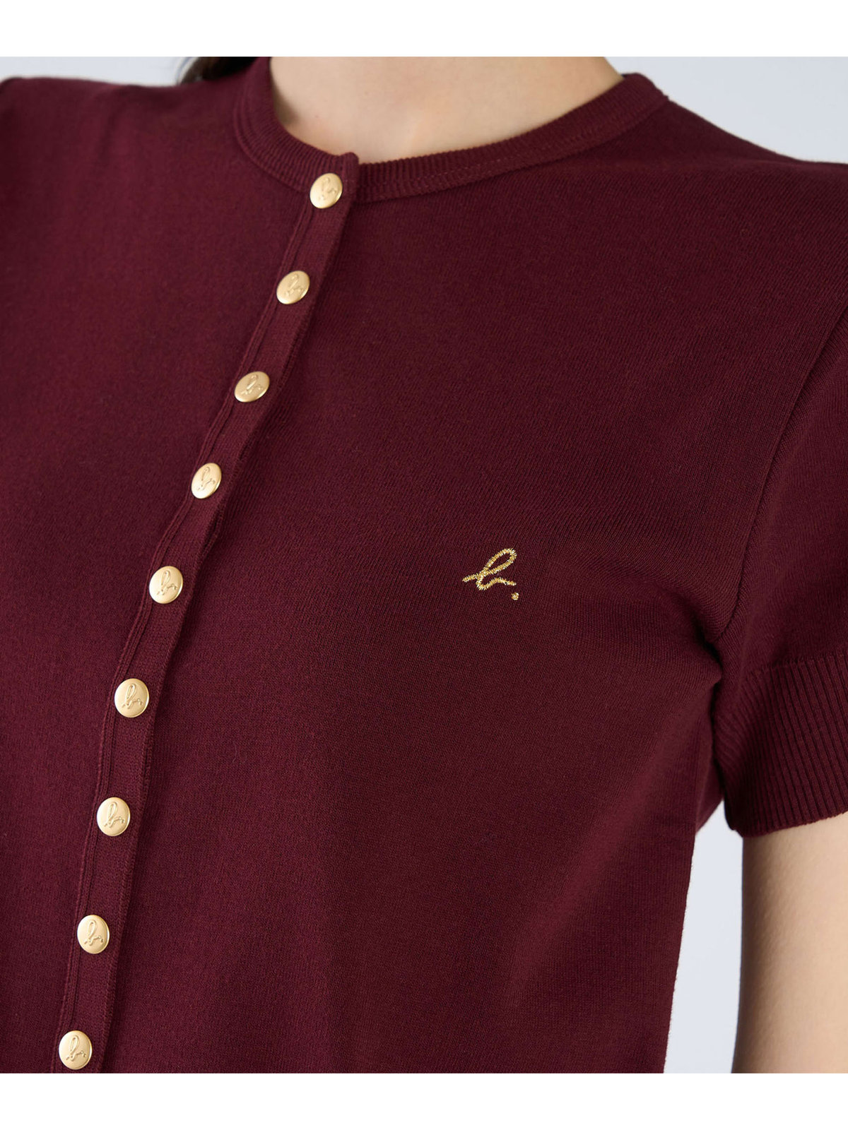 FEMME ウィメンズ "b."ロゴ刺繍 コットンニット 半袖 カーディガンプレッション "Swing" ボルドー