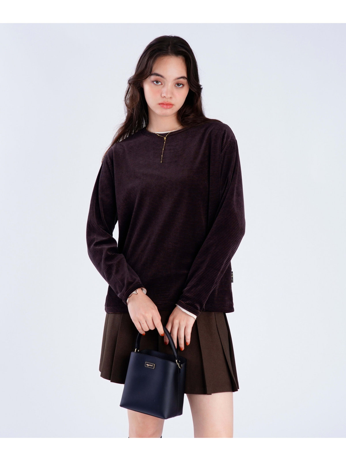 To b. by agnès b. 【Outlet】ボーダー ベロア ロングスリーブ Tシャツ ブラウン