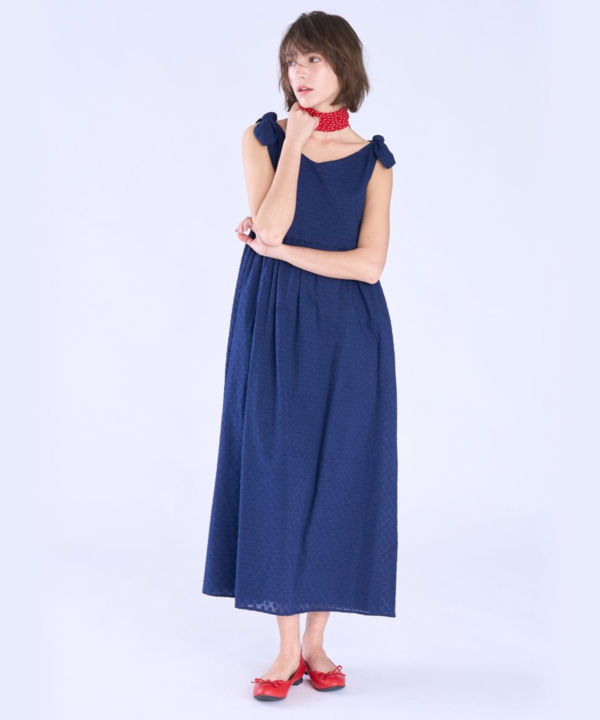 To b. by agnès b. フラワー コットン カット ジャカード ワンピース ネイビー