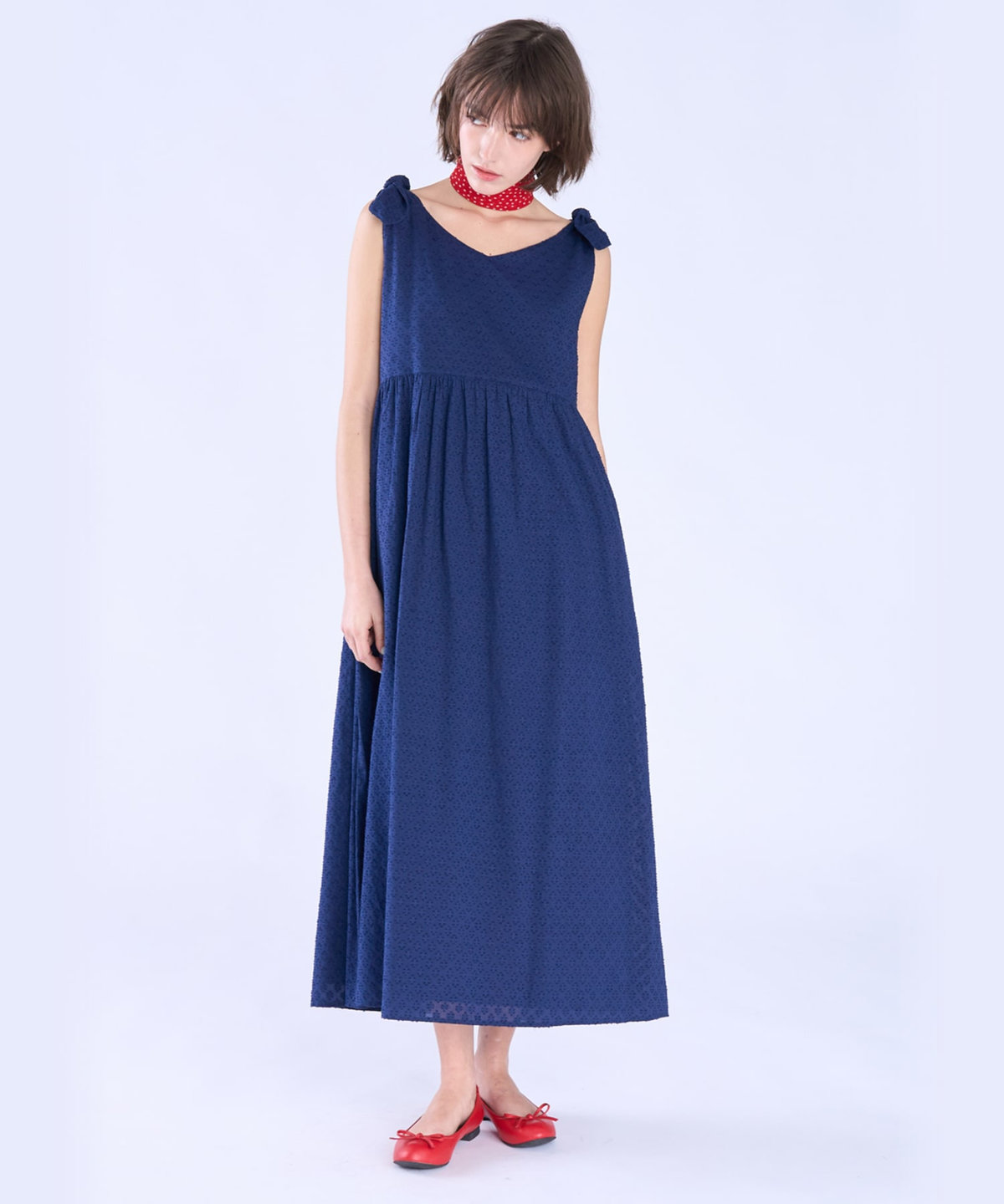 To b. by agnès b. フラワー コットン カット ジャカード ワンピース ネイビー