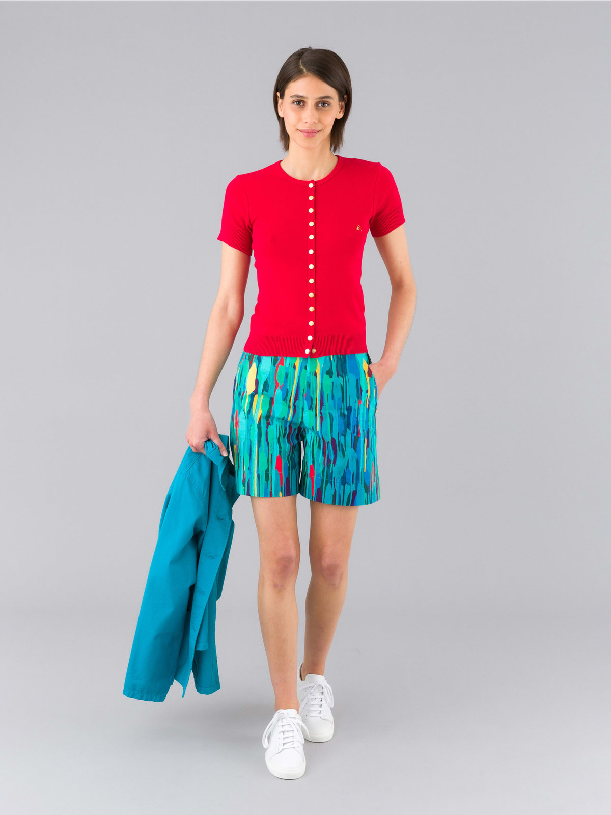 FEMME ウィメンズ "b."ロゴ刺繍 コットンニット 半袖 カーディガンプレッション "Swing" レッド