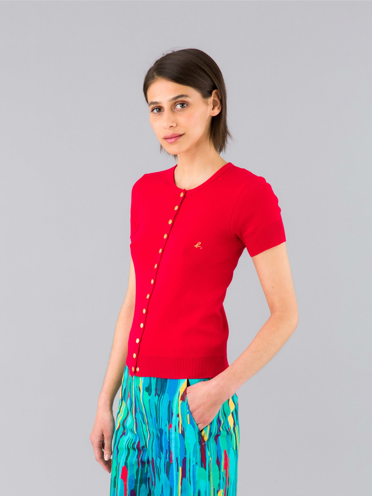 FEMME ウィメンズ "b."ロゴ刺繍 コットンニット 半袖 カーディガンプレッション "Swing" レッド