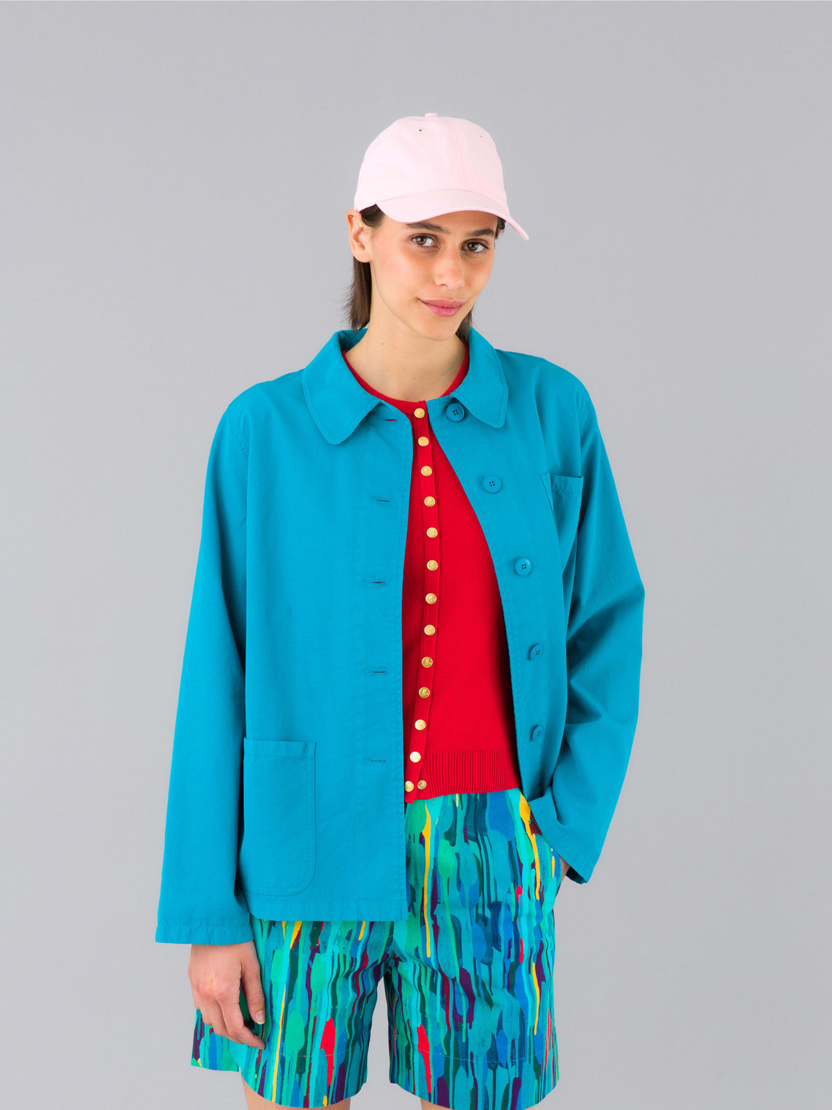 FEMME ウィメンズ "b."ロゴ刺繍 コットンニット 半袖 カーディガンプレッション "Swing" レッド