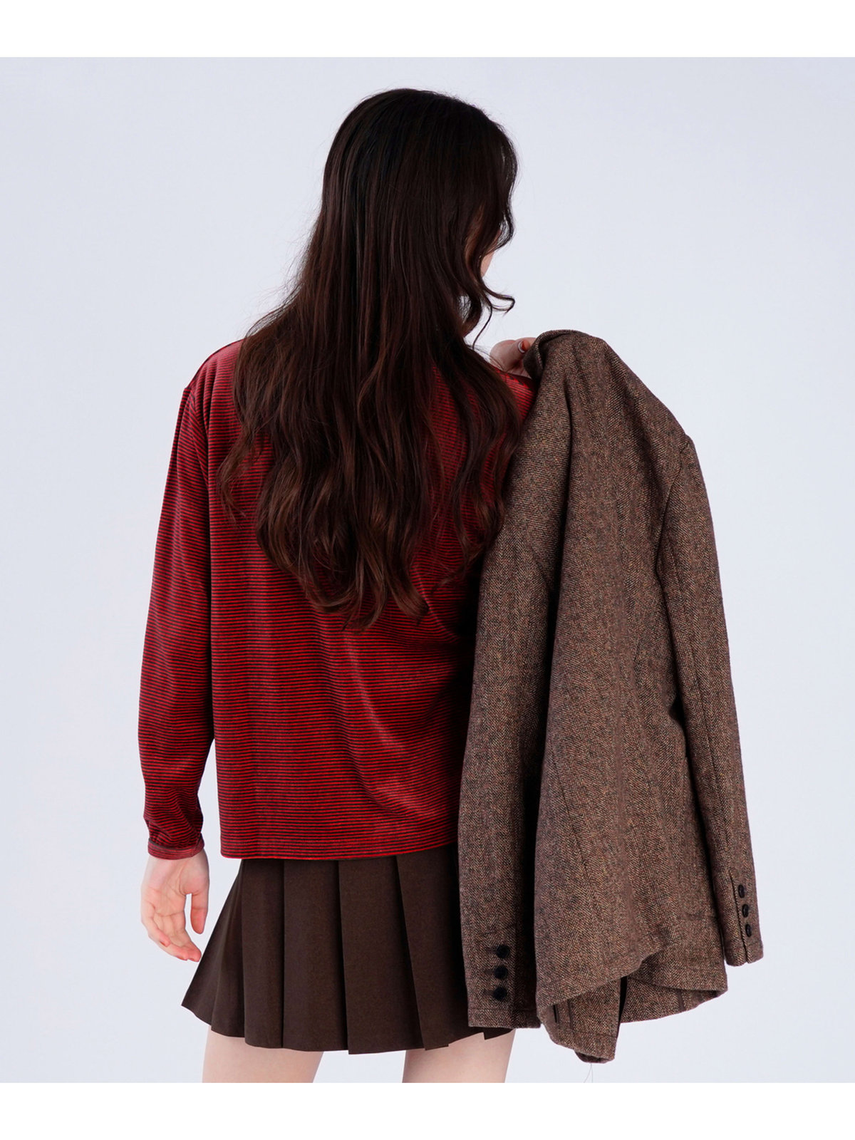 To b. by agnès b. 【Outlet】ボーダー ベロア ロングスリーブ Tシャツ レッド