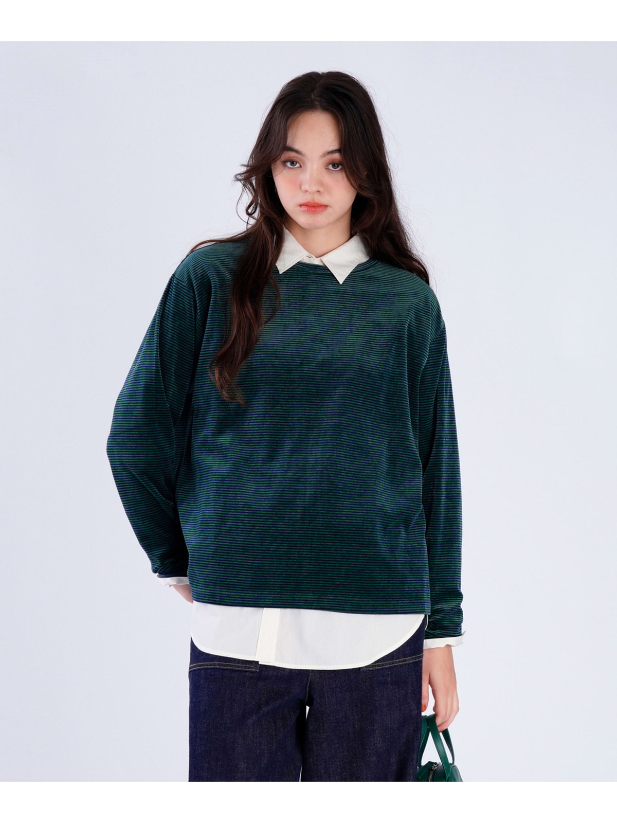 To b. by agnès b. 【Outlet】ボーダー ベロア ロングスリーブ Tシャツ グリーン