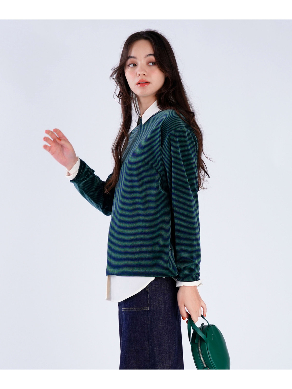 To b. by agnès b. 【Outlet】ボーダー ベロア ロングスリーブ Tシャツ グリーン