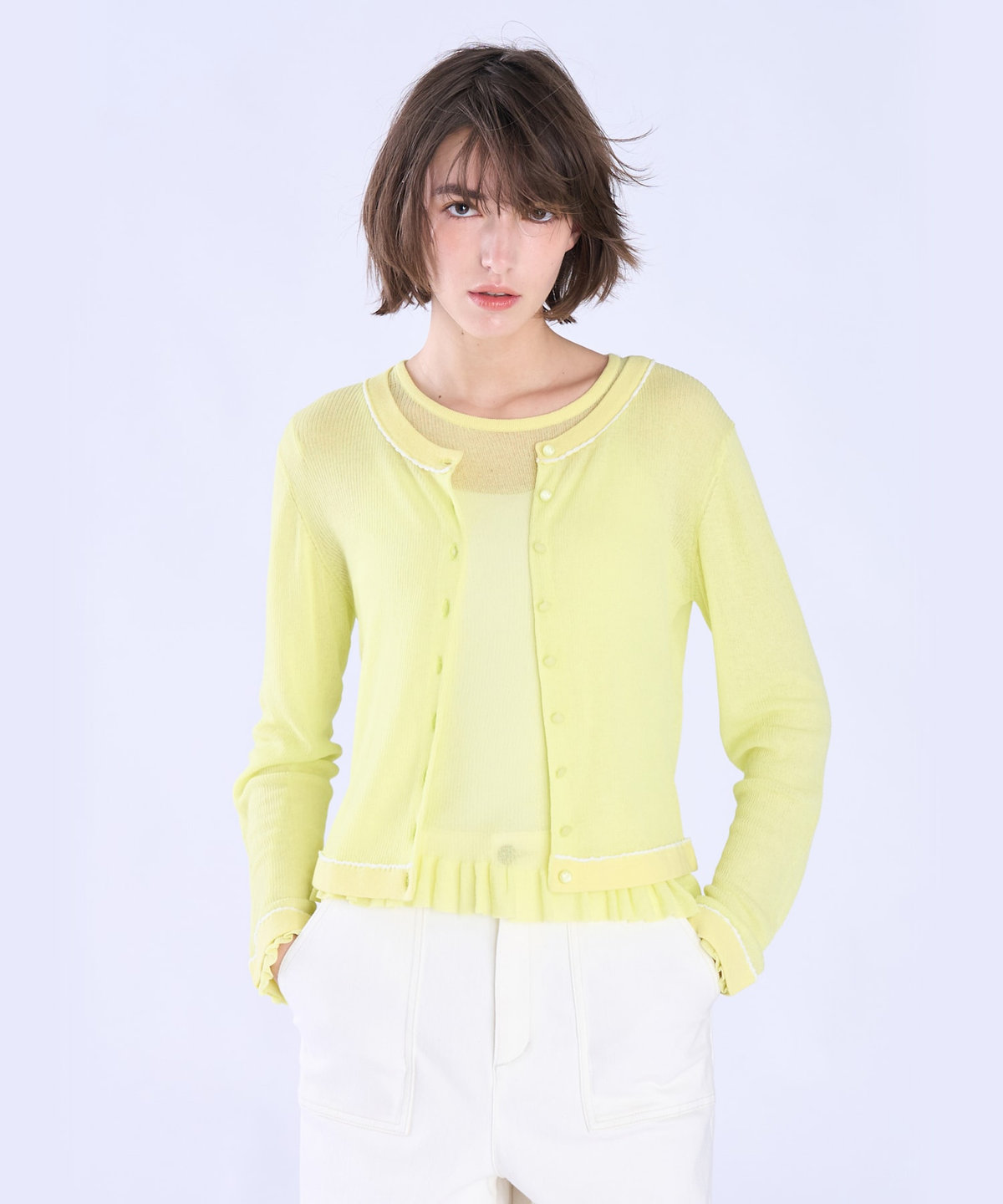 To b. by agnès b. シアー リブ 長袖 ニット カーディガン イエロー